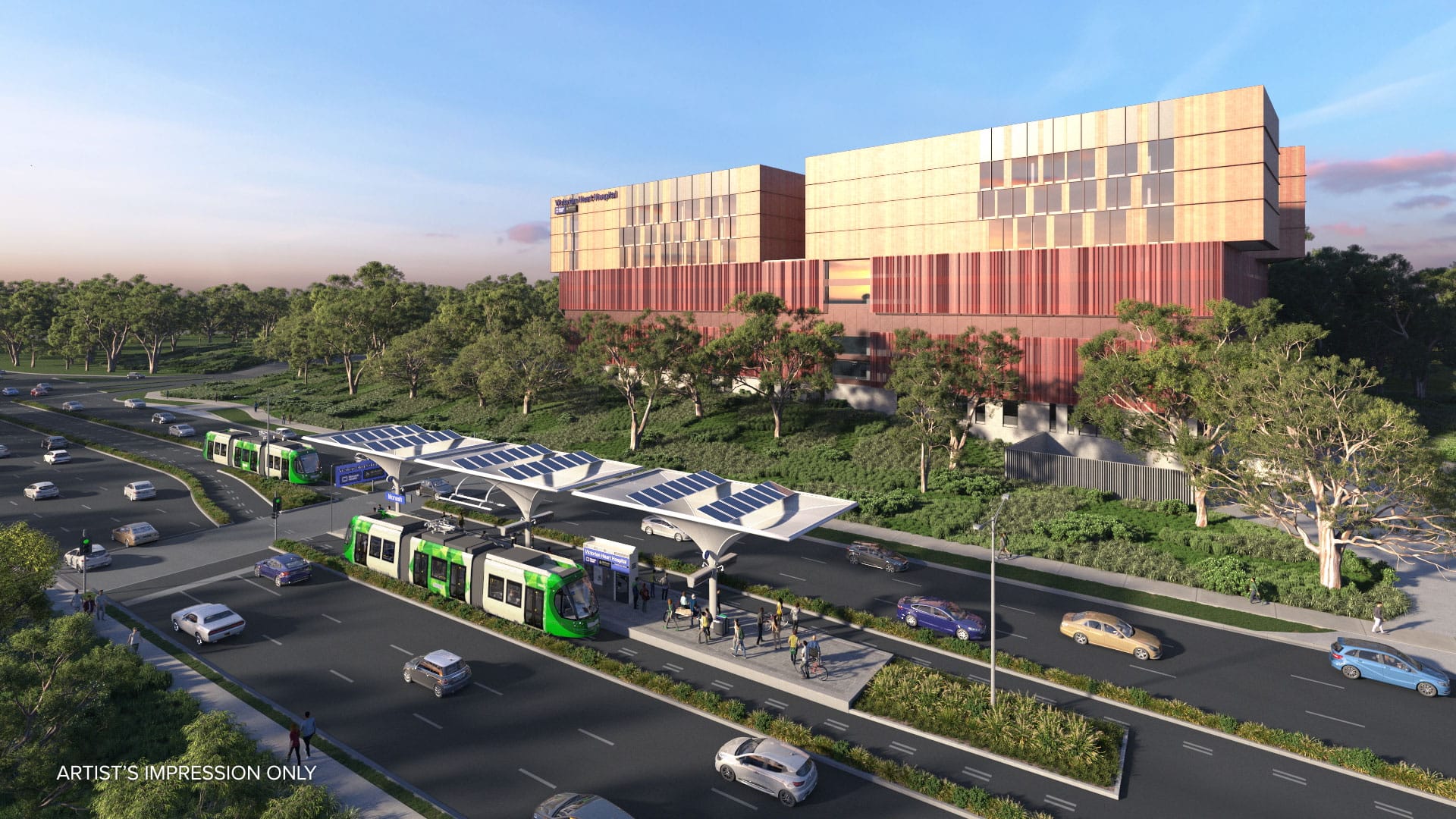 Artist’s Impression of a future TRT stop at the Victorian Heart Hospital / Monash University