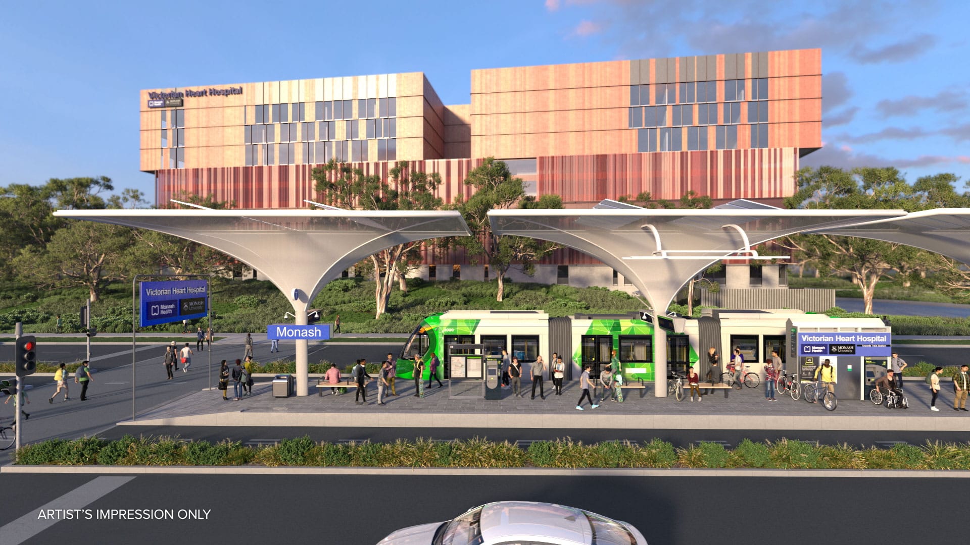 Artist’s Impression of a future TRT stop at the Victorian Heart Hospital / Monash University 